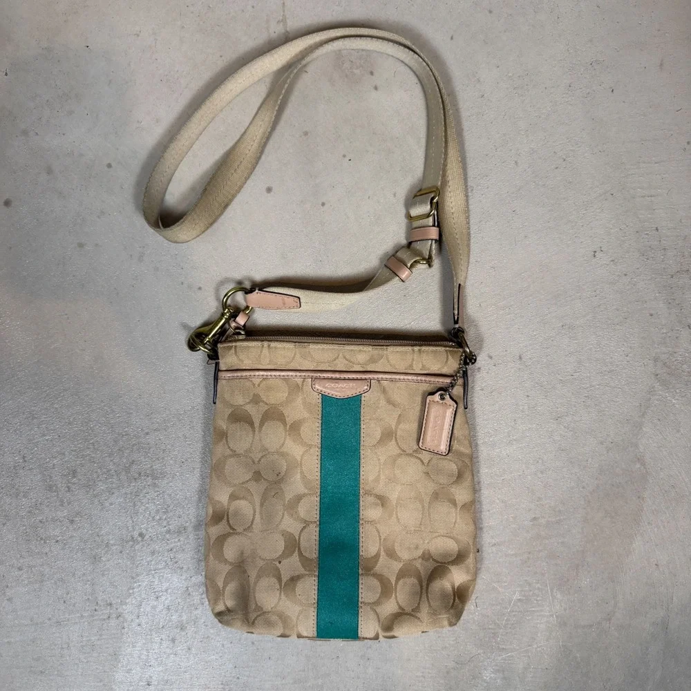 Coach Signature File Bag Khaki Teal Stripe Jacquard Crossbody Handbag